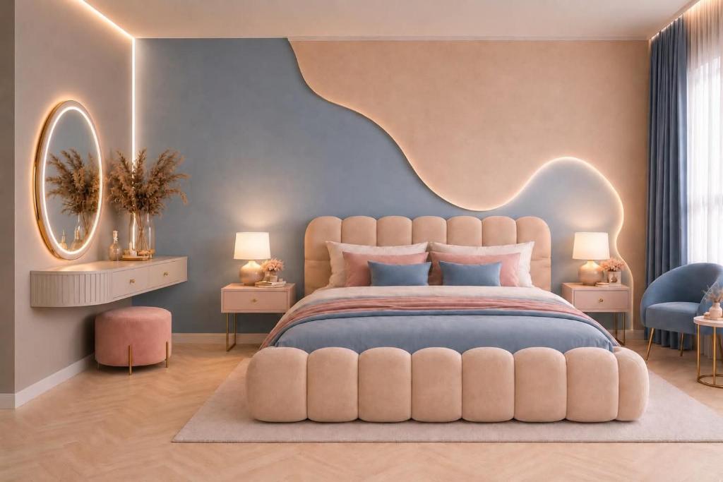 a bedroom with a large bed with a large headboard at Pastel Apartment - Ergo Arena in Gdańsk