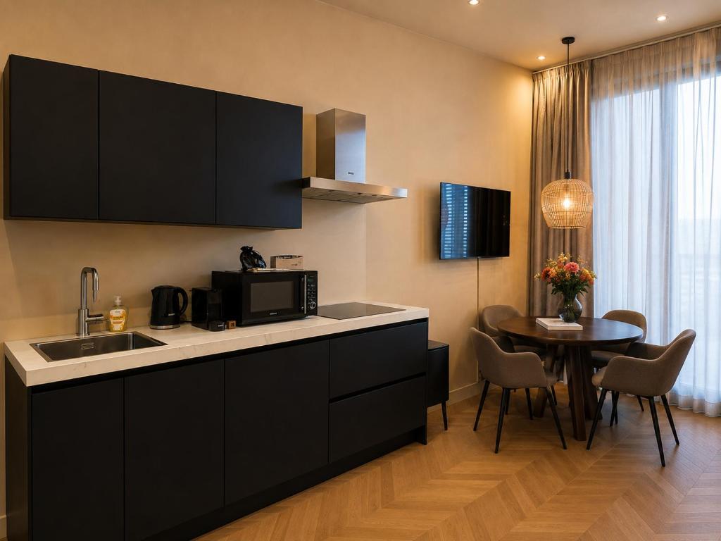 a kitchen with a sink and a table with chairs at Breda Apartment w Kitchen & Private Bathroom 2p in Breda