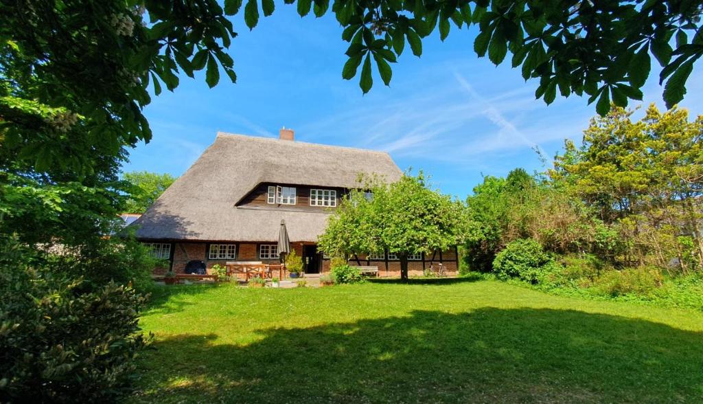 an old house with a thatched roof on a lawn at Ole Schün Dannau in Oldenburg in Holstein