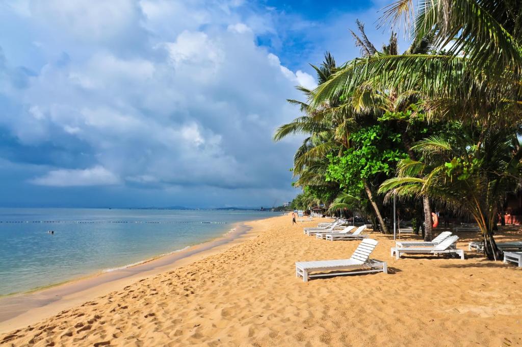 a beach with lounge chairs and palm trees and the ocean at Sea Star Resort in Phú Quốc