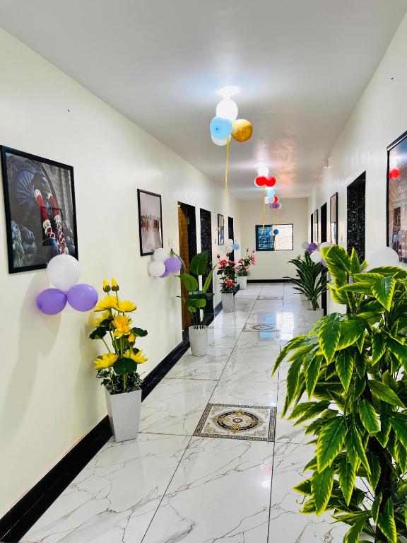 a hallway with potted plants and balloons on the walls at Happy Rooms in Siddhapur