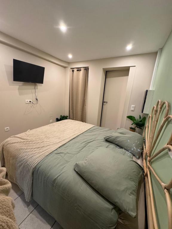 a bedroom with a bed and a flat screen tv at Appartement hyper centre de Mons in Mons