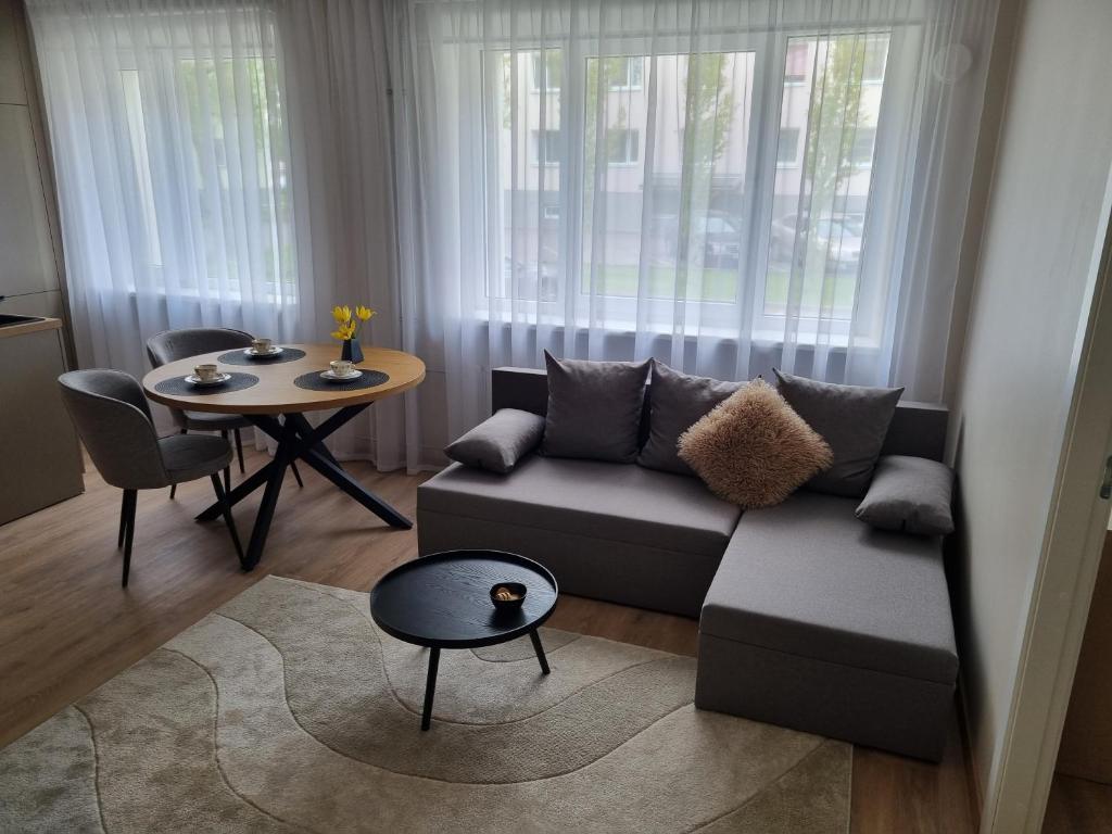 a living room with a couch and a table at Hubane korter Paalalinnas in Viljandi