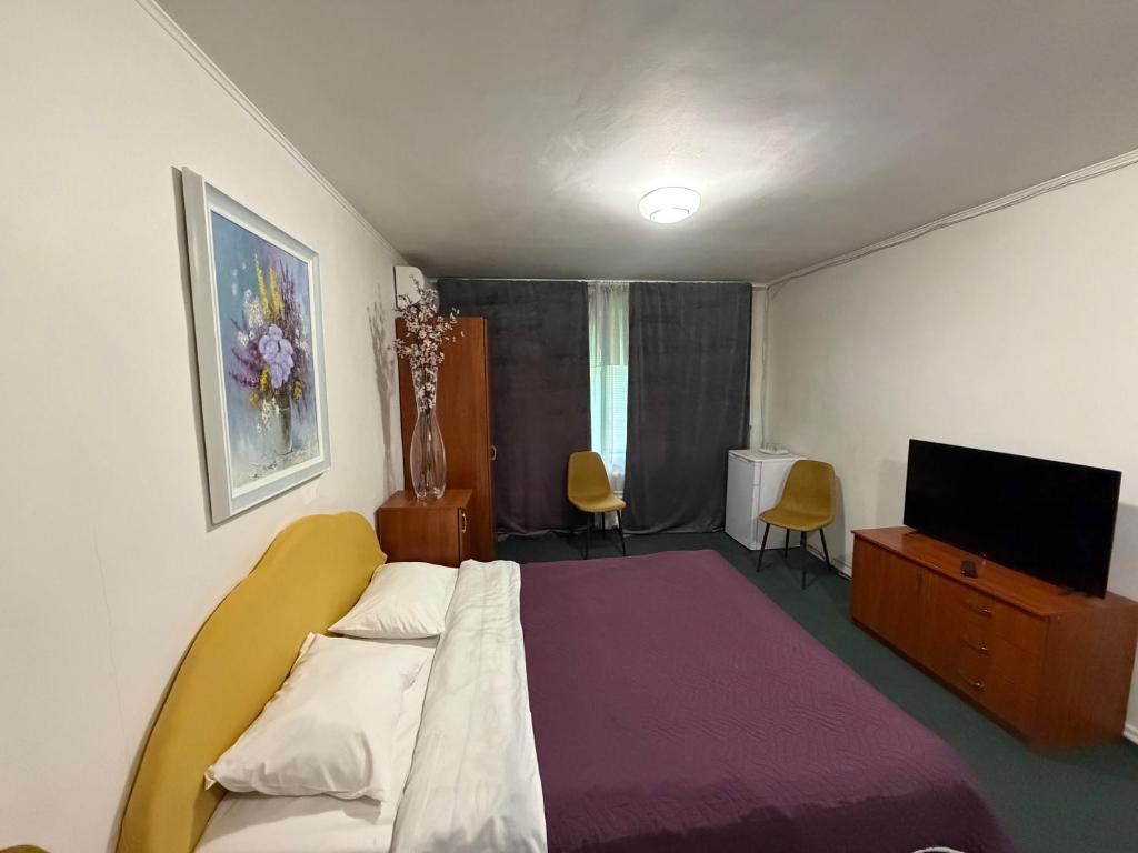a bedroom with a bed and a television in it at Готель на Шнеєрсона in Dnipro