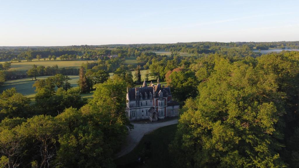 an aerial view of a mansion in the trees at Château de la Redortière in Lézignac-Durand