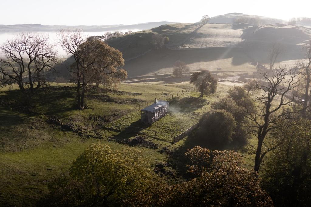 a train traveling through a field with trees at The Wagon, rustic off grid experience in Ashbourne