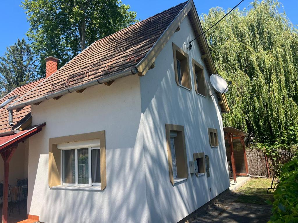 a white house with two windows and a street light at Nice House on the Beach in Balatonfenyves