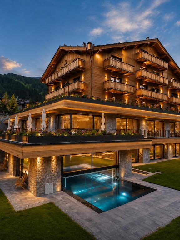 a large building with a swimming pool in front of it at Paradise Lodge in Livigno