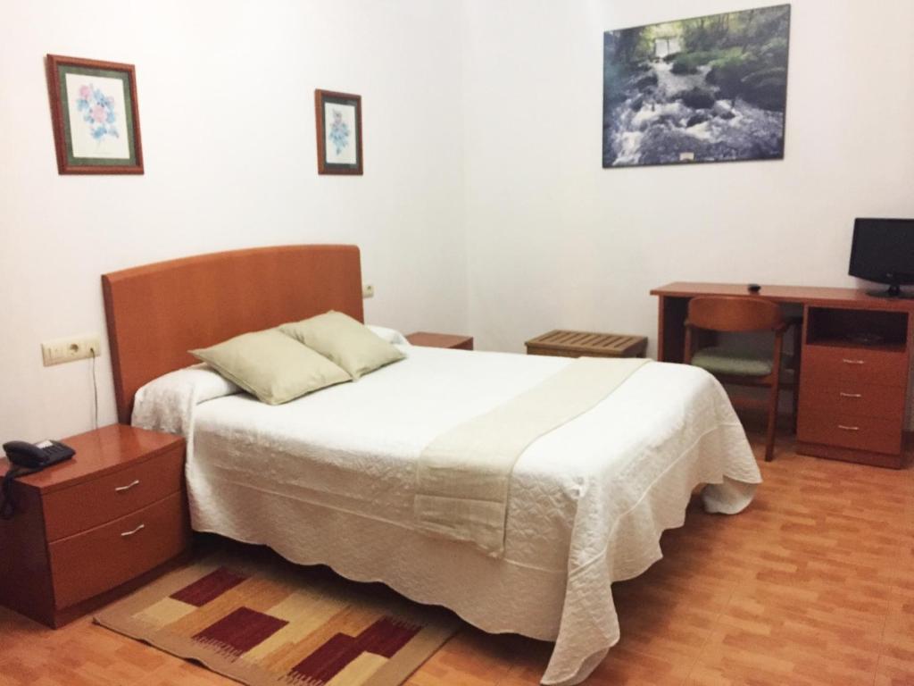 
a bedroom with a bed and a desk at Hostal La Casilla in Guitiriz
