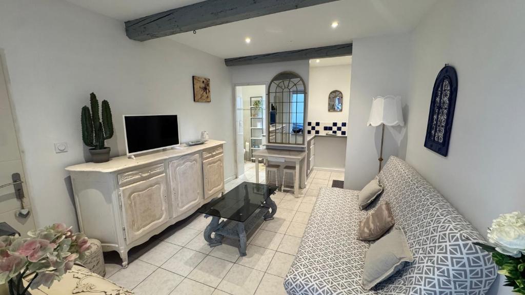 a living room with a couch and a tv at Studio Mirepoix in Mirepoix