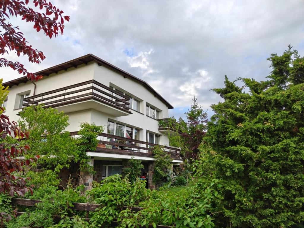 a white building with trees in front of it at Relaks XXL in Kartuzy
