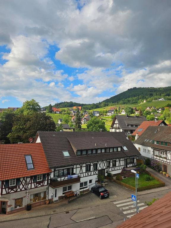 an aerial view of a town with buildings at Talblick Saschwalle in Sasbachwalden