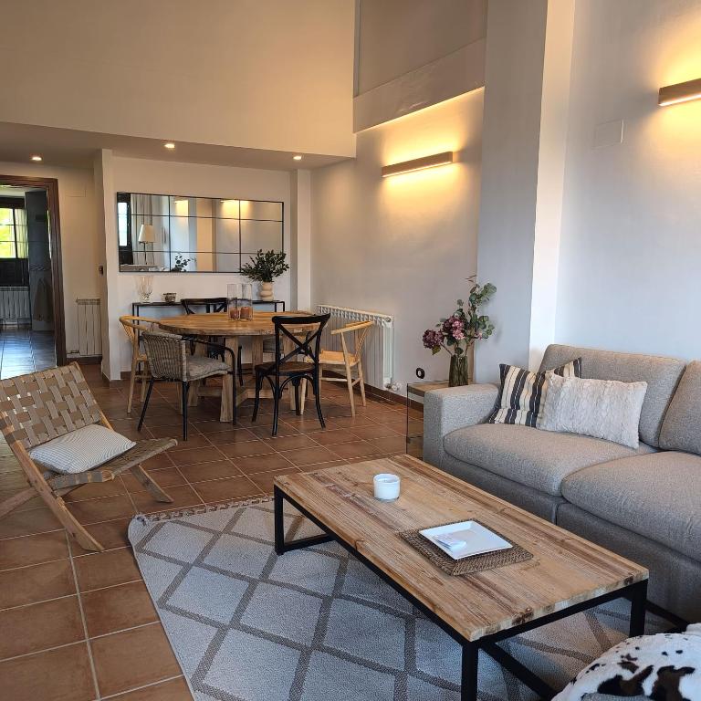 ein Wohnzimmer mit Sofa und Tisch in der Unterkunft Aneto Dúplex en Badaguas in Badaguás