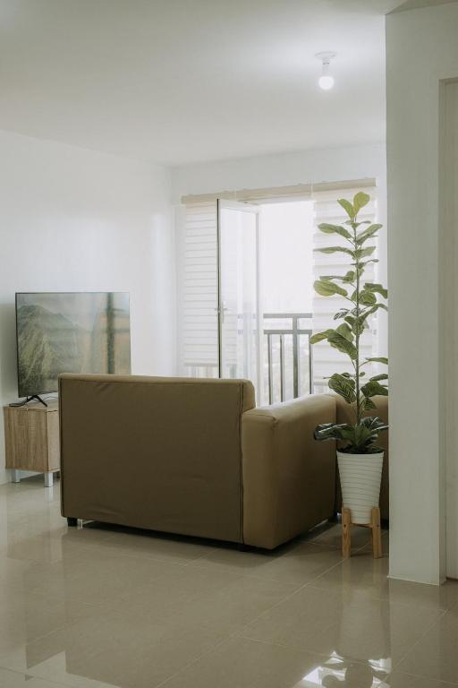 a brown couch in a living room with a plant at Riverview Loft in Iloilo City