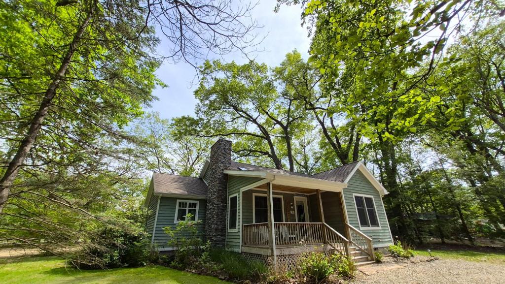 a small green house with a chimney and trees at Just Beachy in Union Pier