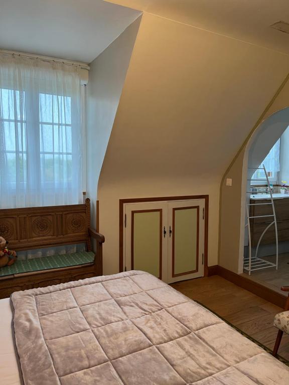 a bedroom with a bed and a window and a ladder at Les coccinelles bretonnes in Plouescat