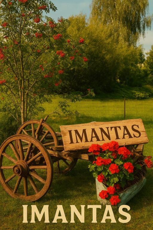 a sign that says maninasamines sitting next to a wooden cart at Imantass in Salacgrīva