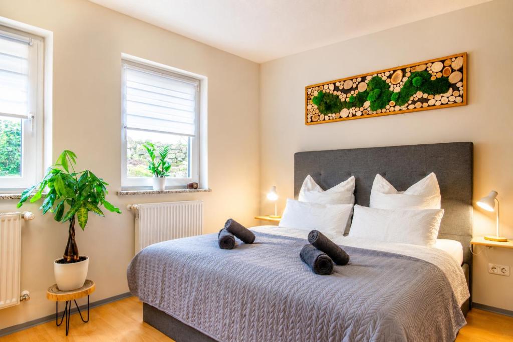 a bedroom with a bed with two pillows on it at Ferienwohnung Zum Sperberring - Parkplatz - Wallbox - WLAN - Netflix&Disney - sehr ruhig - perfekt zum entspannen & erholen in Ilmenau