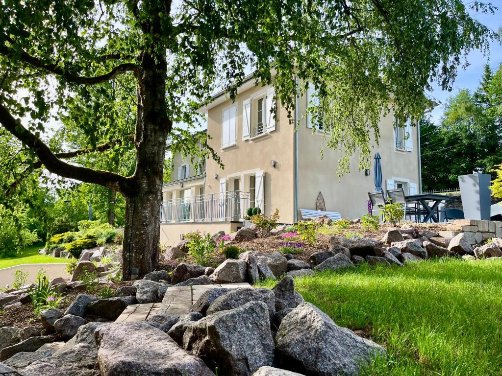 a house with a stone wall in front of a yard at Domaine de la Brême in Bréménil