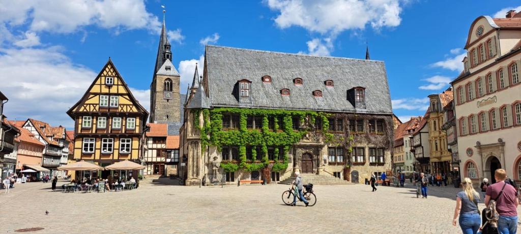 a group of buildings in a city with a person on a bike at Ferienhaus Harzvorland in Ballenstedt
