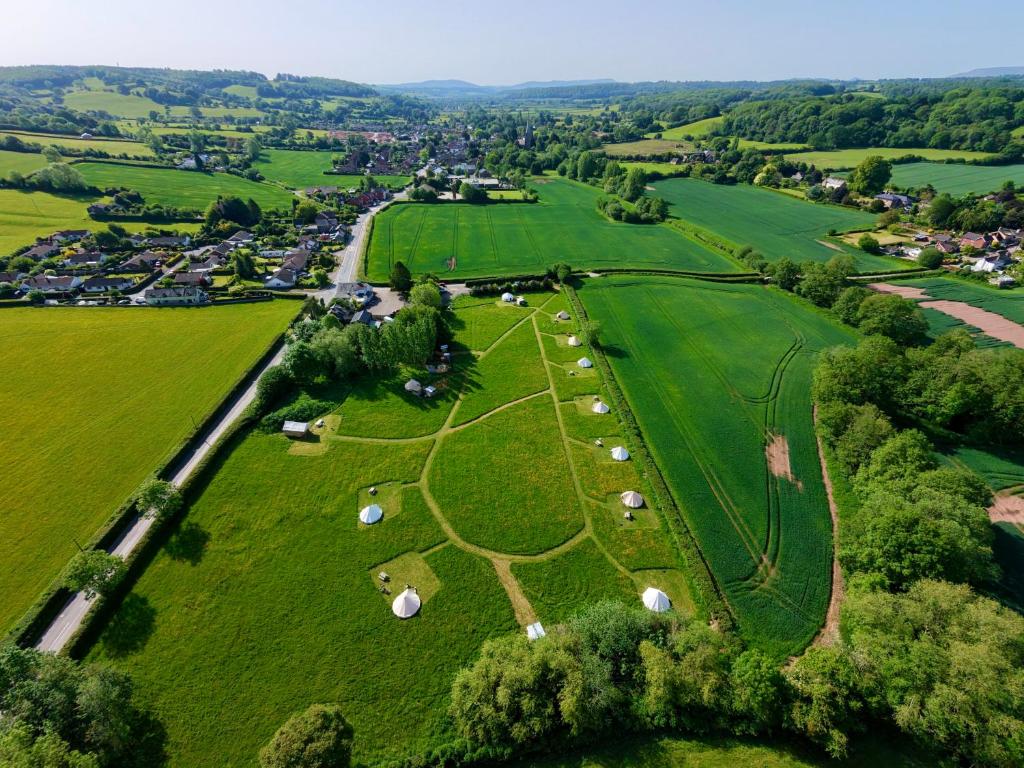 an aerial view of a green field with animals at Hinton land glampsite in Peterchurch