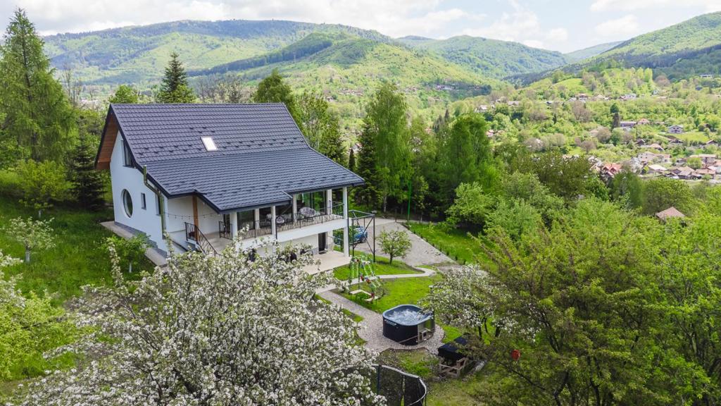eine Luftaufnahme eines Hauses in den Bergen in der Unterkunft Infinity View Chalet in Valea Doftanei