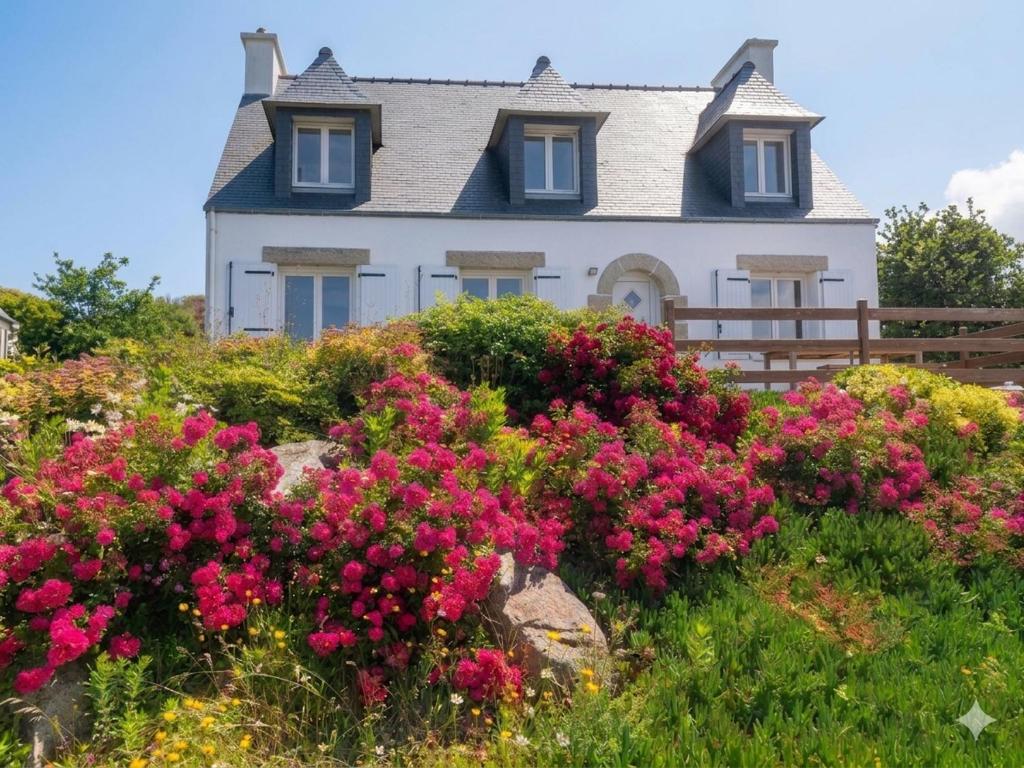 a house with pink flowers in front of it at Chez Billie et Moon in Landéda