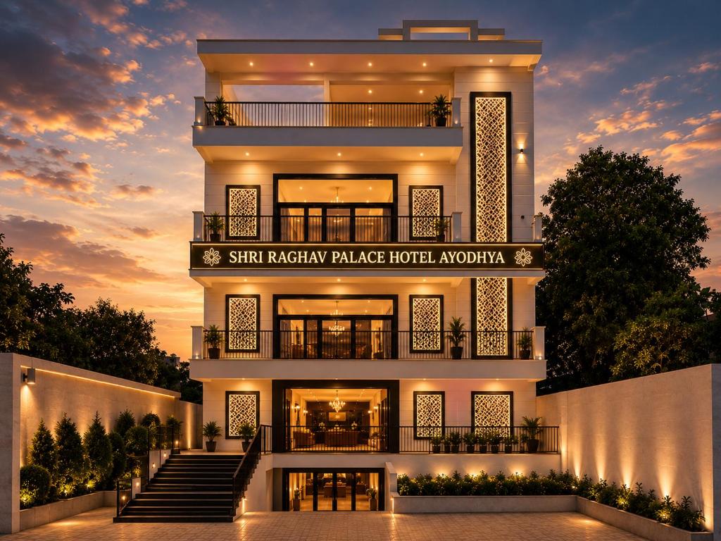 a facade of a house with a sunset at Shri Raghav Palace Hotel Ayodhya in Ayodhya