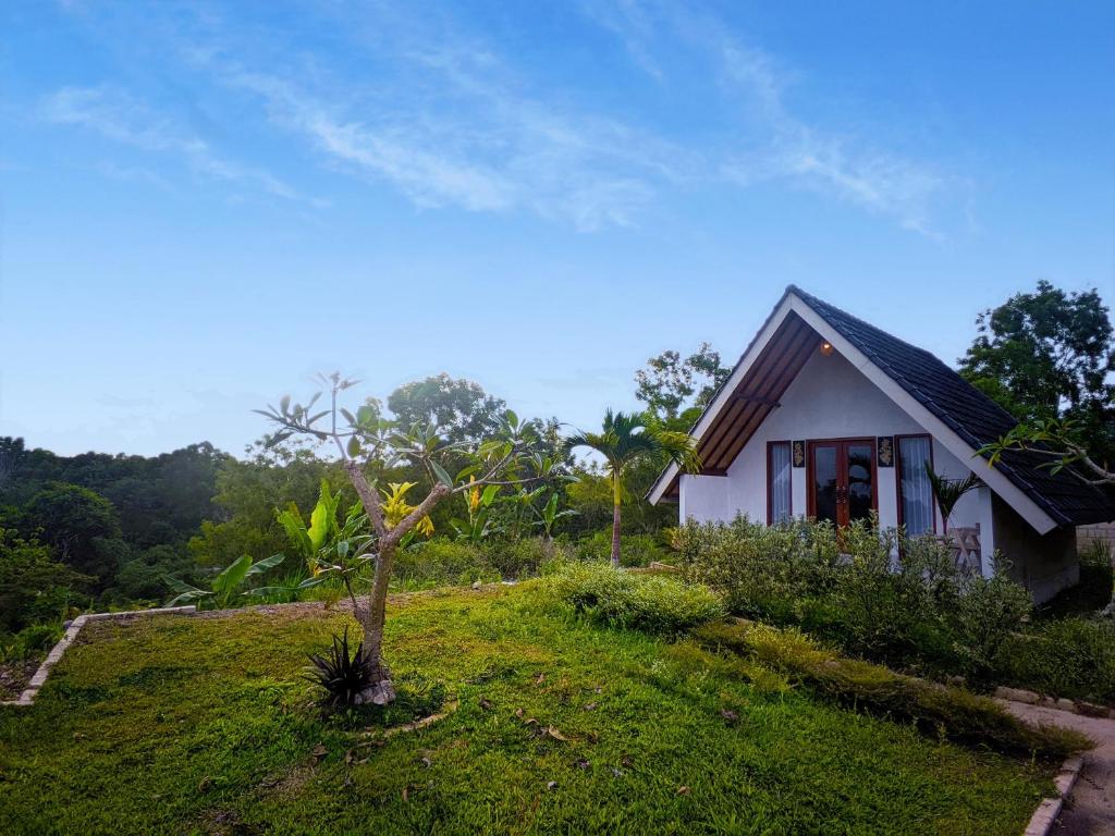 a small house on top of a grassy hill at The Bluhu Hill Cottage in Nusa Penida