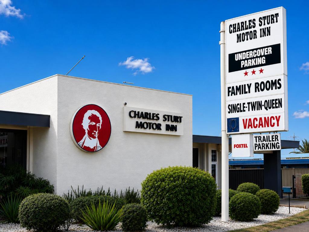 a building with signs on the side of it at Charles Sturt Motor Inn in West Wyalong