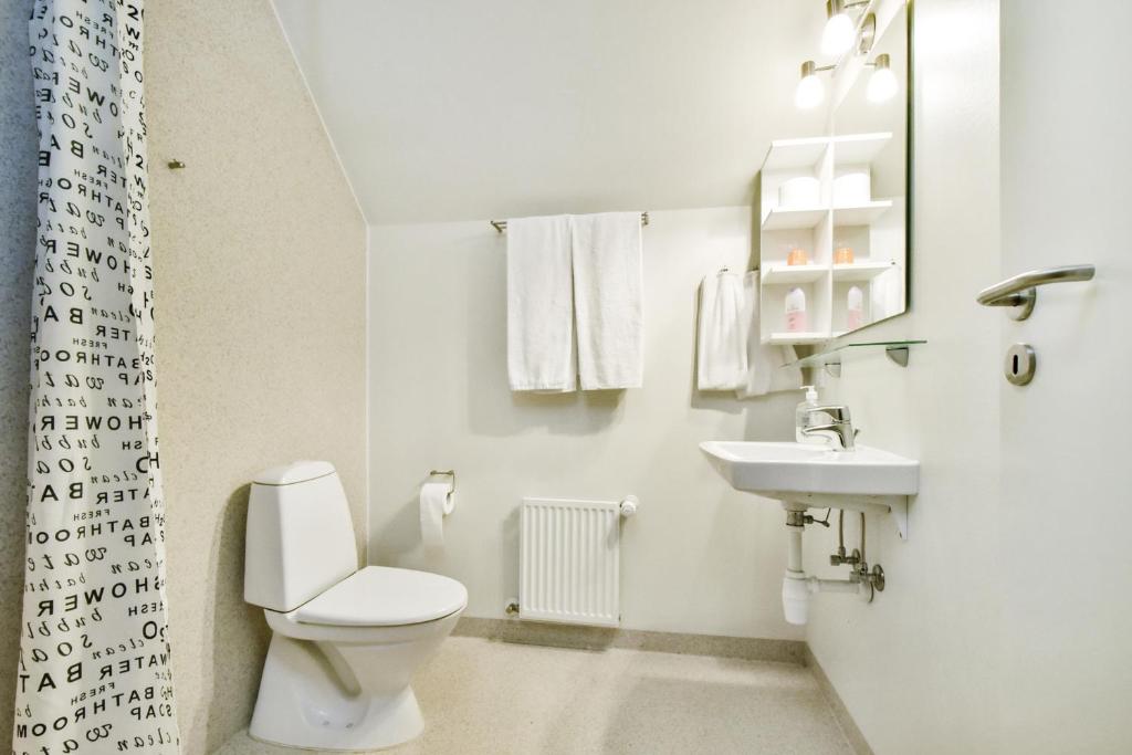 a white bathroom with a toilet and a sink at Skjoldbjerg Garnihotel in Vorbasse