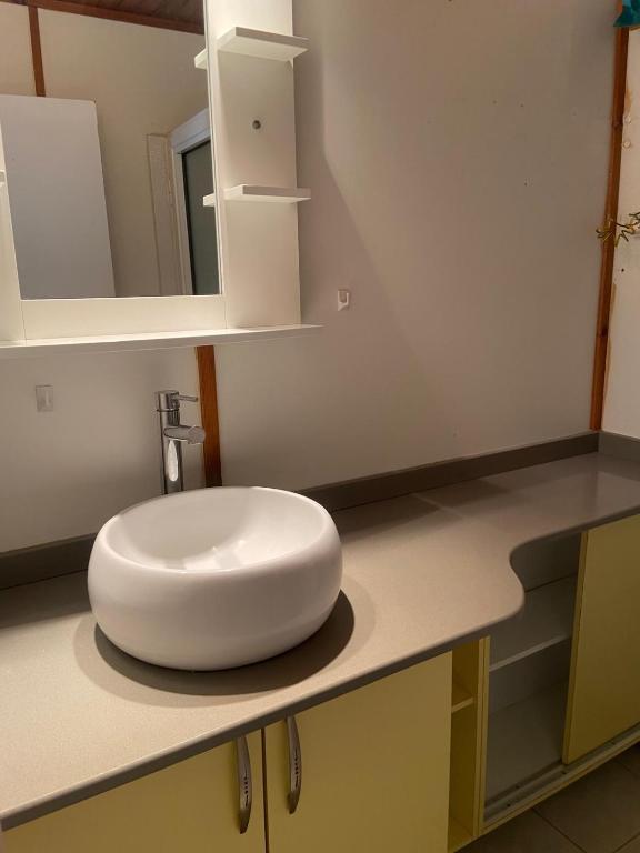 a bathroom with a white sink and a mirror at La Palmeraie in Le Moule
