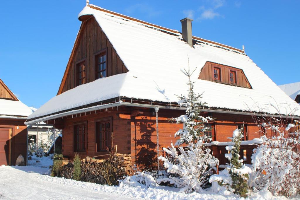 Cabaña de madera con nieve en el techo en Rekreačné chalupy, en Liptovský Trnovec