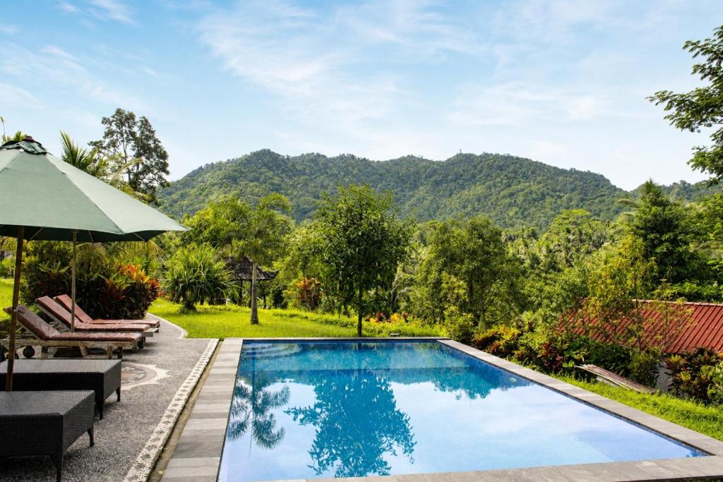 a swimming pool with a view of a mountain at Papahan Bali in Sidemen