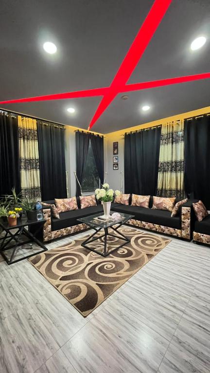 a room with couches and a red x on the ceiling at Aloche Apartments in Murree