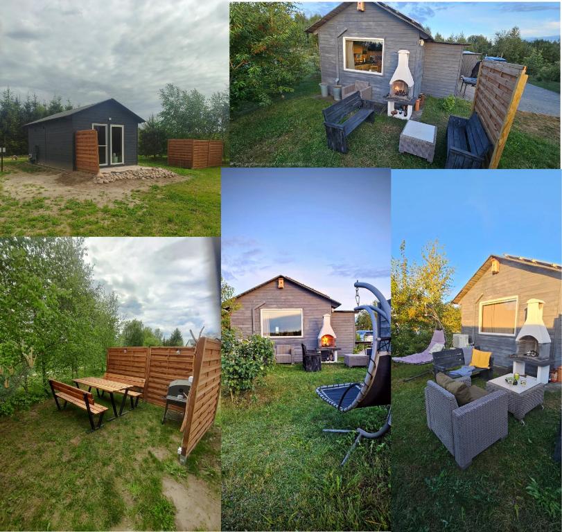 four pictures of a backyard with a house and a playground at Na Kocankach - Domki na wyłączność in Czarnoszyce
