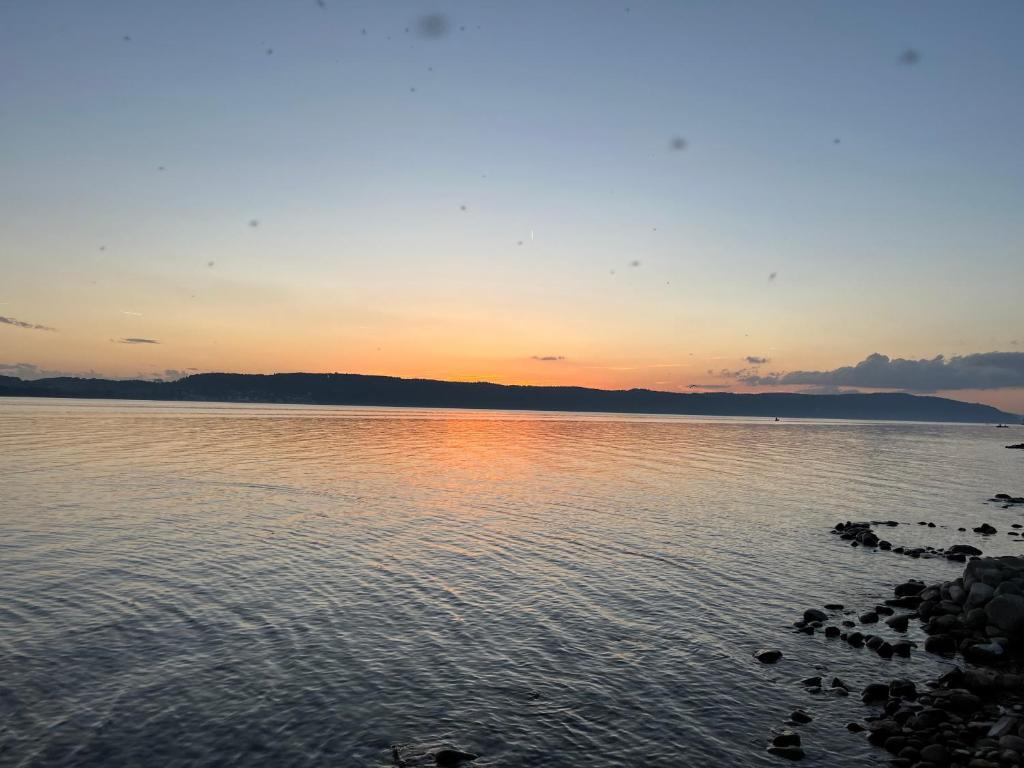 a sunset over a body of water with rocks at Fewo Strandweg Überlingen in Überlingen