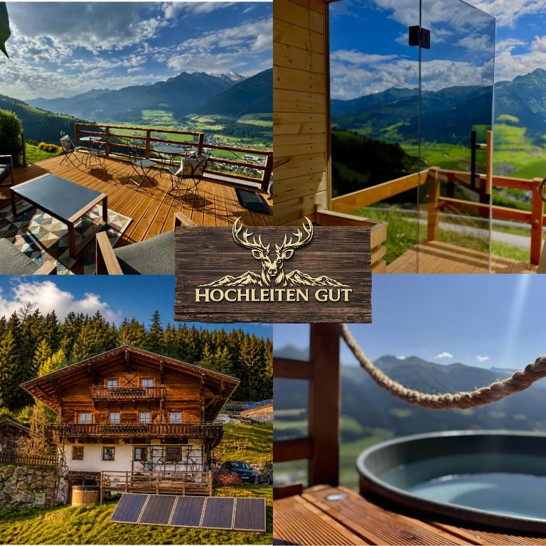 a collage of photos with a hotel sign and mountains at Hochleiten-Gut in Niedernsill