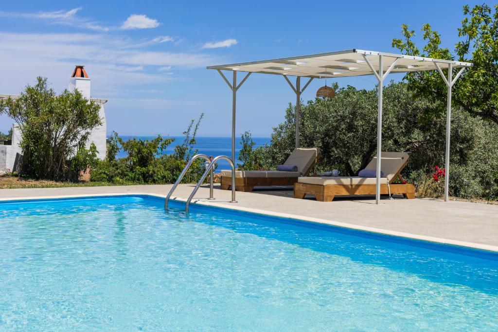 a swimming pool with a patio and an umbrella at Vainas Belvedere Villa in Skopelos Town