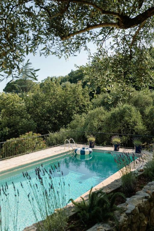 a swimming pool in a yard with trees and bushes at Exceptional Apartment In Cannes' Countryside in Spéracèdes