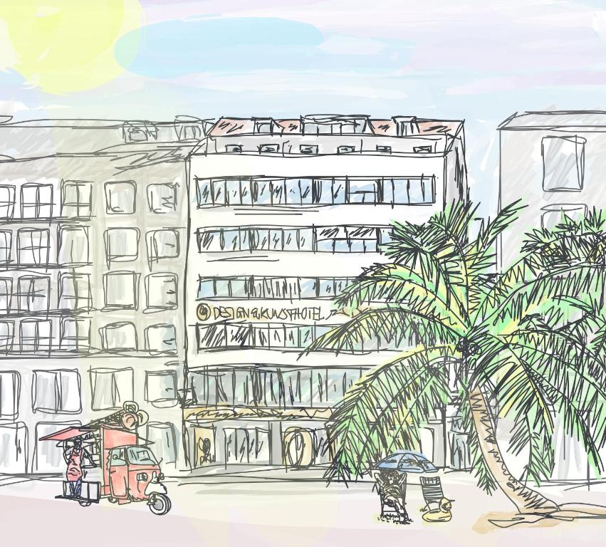 a city street with a palm tree and a building at Design- und Kunsthotel München in Munich