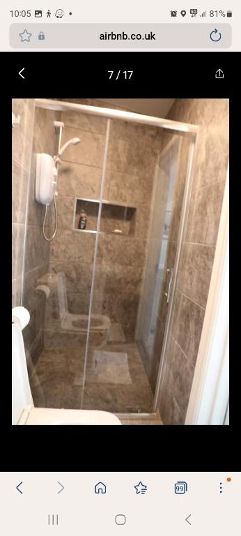 a bathroom with a shower with a toilet in it at COMFY GUEST suite in Dartford