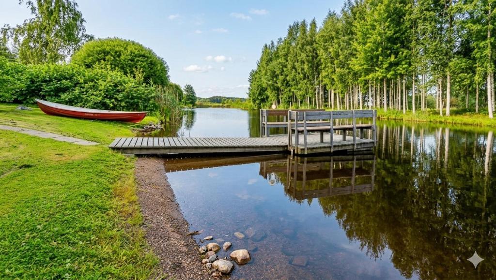 a river with a dock and a boat on it at Countryside riverside cabin for both winter and summer in Janakkala