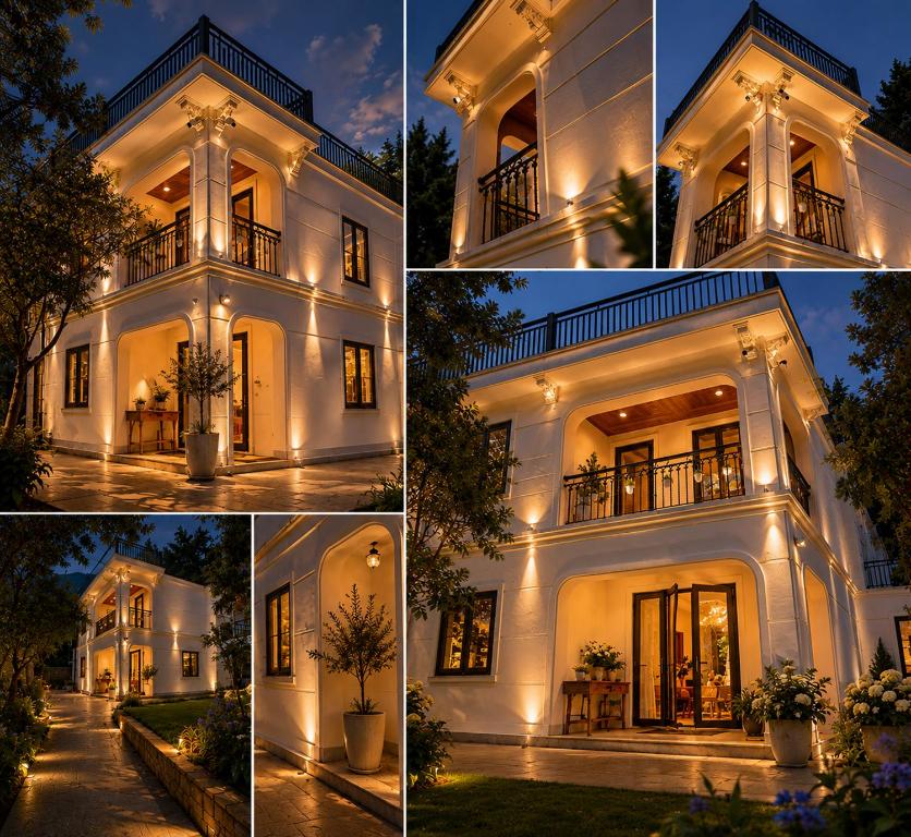 a collage of photos of a white house at SaPa PAPA - Architect's Hidden Sanctuary - Only 4 rooms hidden in a secret botanical garden - 3 minutes from Sapa Station - Privacy & Privilege for stylish insiders in Sapa
