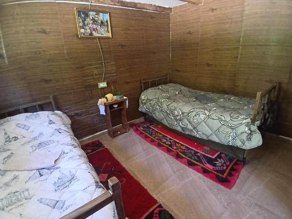a room with two beds and a table in it at Stilios guesthouse in Grumas