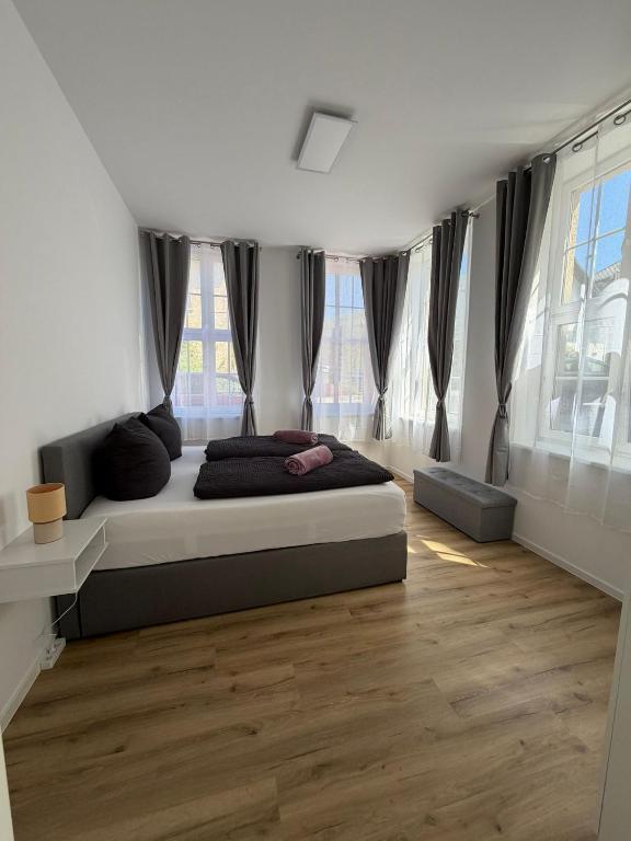 a bedroom with a bed in a room with windows at Ferienwohnung Franka in Sonneberg