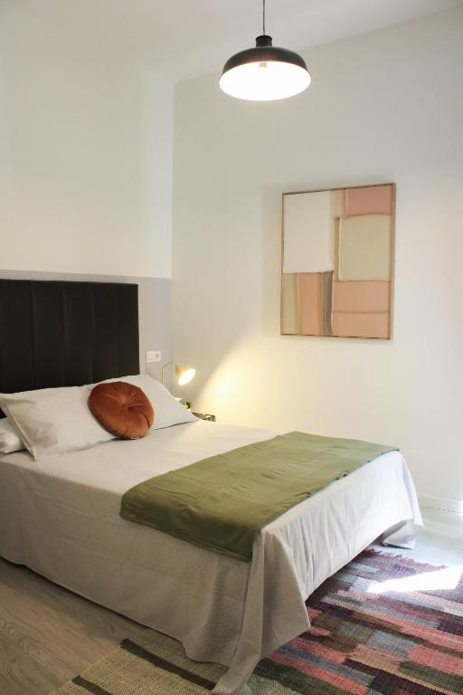 a bedroom with a large bed and a painting on the wall at Matute Street, Private rooms in Madrid
