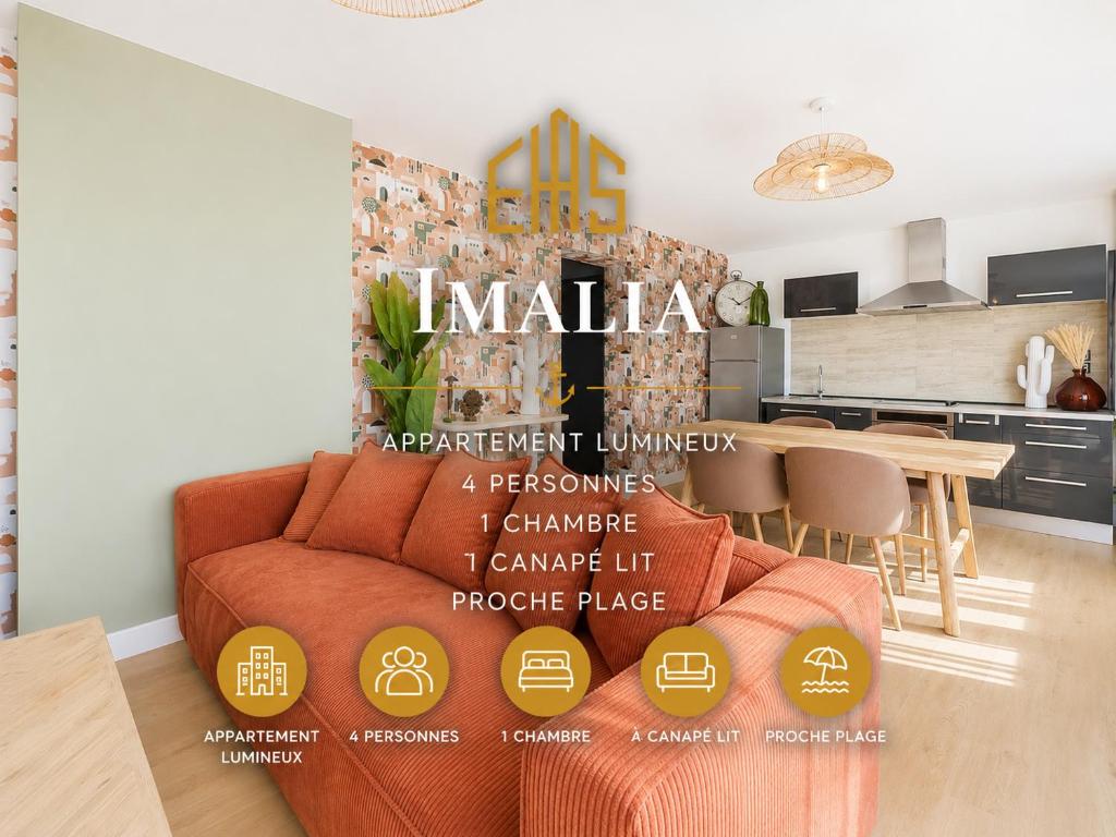 a living room with a orange couch and a kitchen at Appartement Imalia Prestige et Elegance in Bray-Dunes