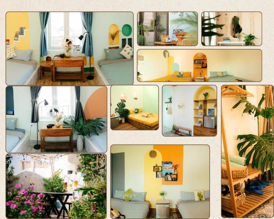 a collage of pictures of a living room at Gió Homestay and Coffee in Ấp Khánh Phước (1)