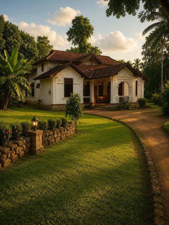 a white house with a pathway leading to it at Basnagoda Walawwa in Ruwanwella